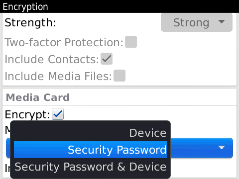 Media Card Encryption Settings in BlackBerry OS 6