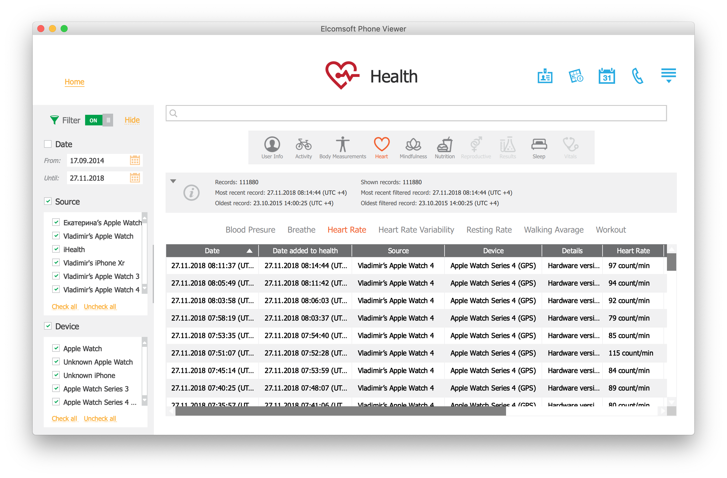 Export heart rate online data from apple watch