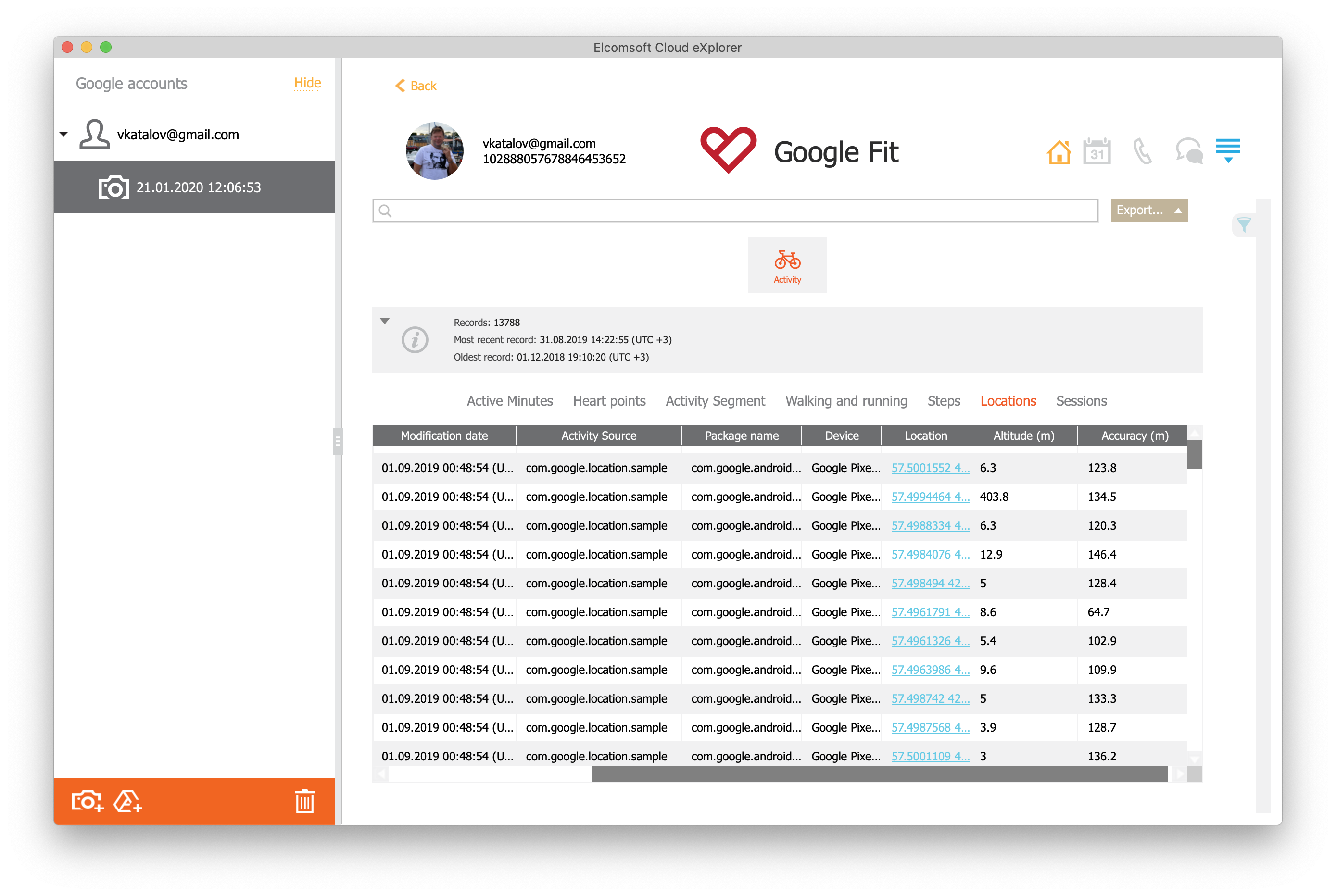 Google Fit Extraction: Location, Health and Fitness Data