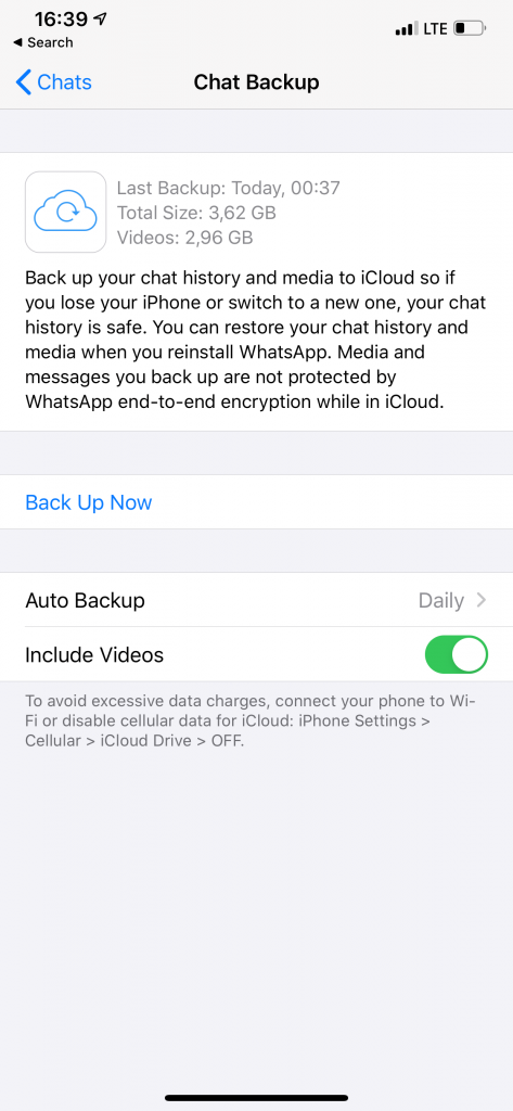 does whatsap app data backup itunes